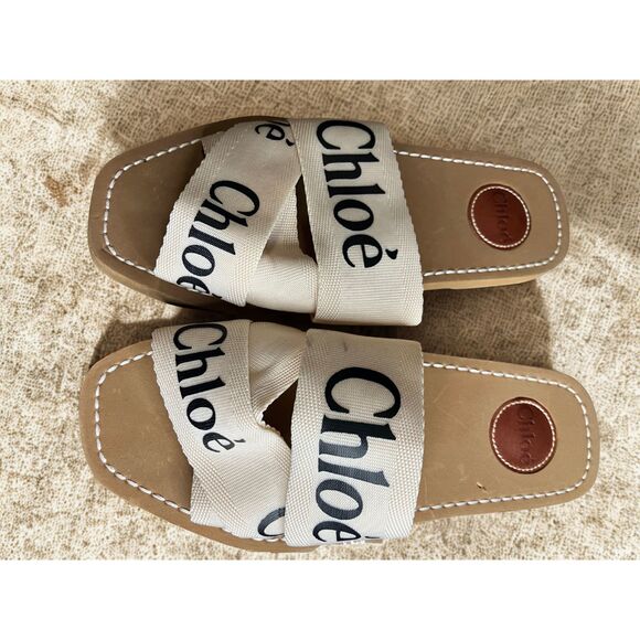 Chloé Woody Logo Ribbon Slides Sandals Beige/Tan Women’s 39 (US 9) - Picture 1 of 9